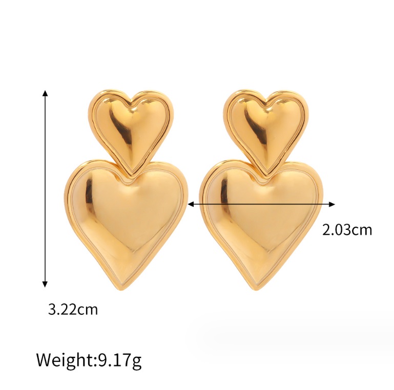 Detailed view of the gold double heart drop earring with dimensions