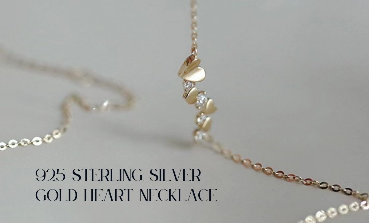 Close-up of the 925 silver gold heart necklace with sparkling CZ stones