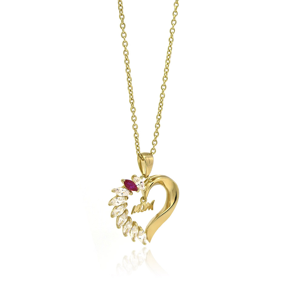 Detailed view of the gold heart pendant with 'mom' charm and CZ stones