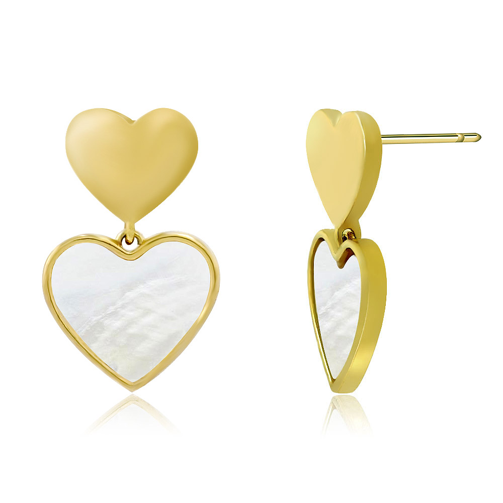Detailed view of the Shell Double Heart Stud Earrings showing the white inlay and gold frame.