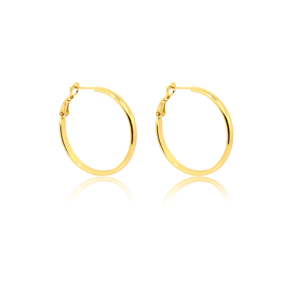 A pair of Gold Hoop Polished Earrings showing the secure lever back clasps