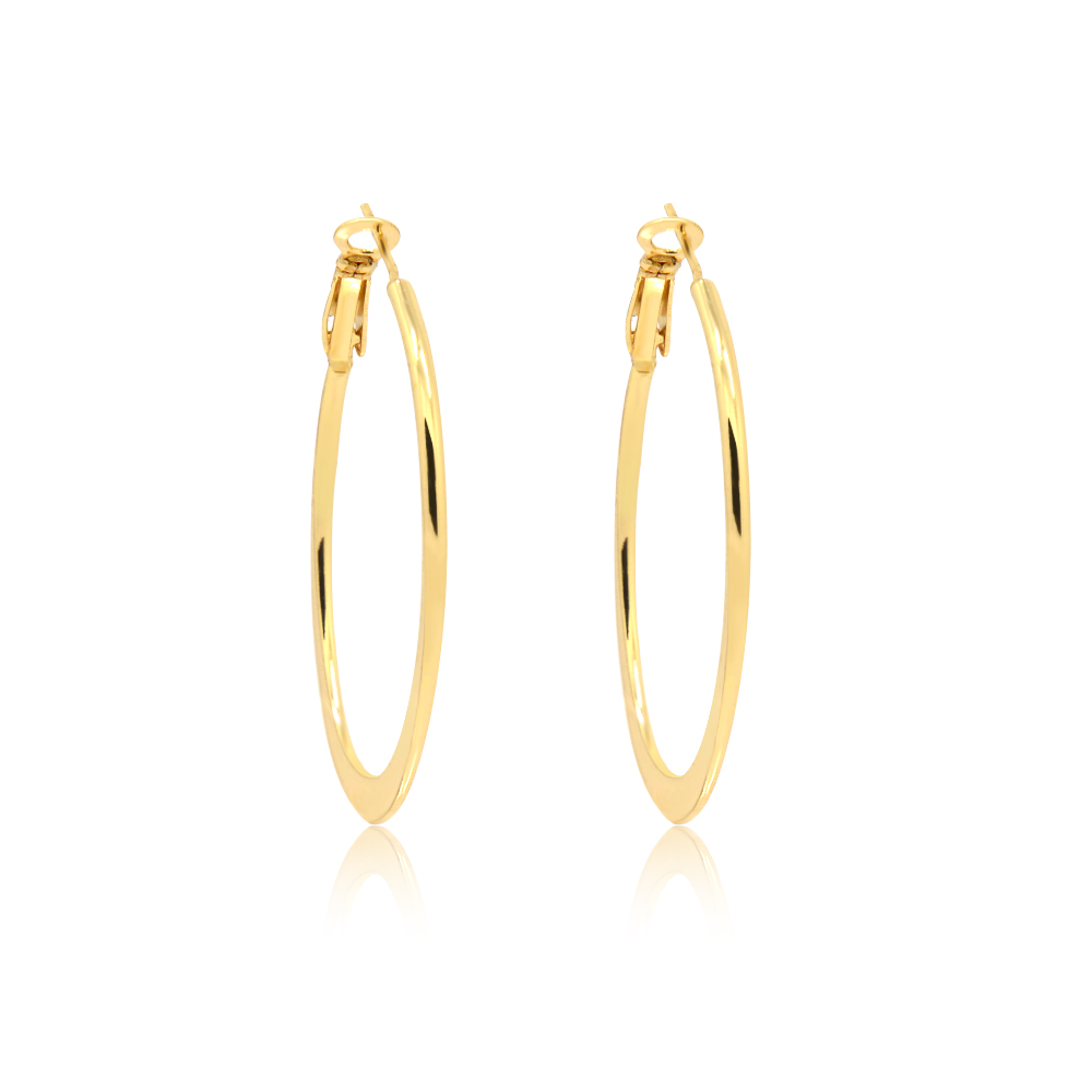 A pair of Gold Hoop Polished Oval Flat Earrings shown together