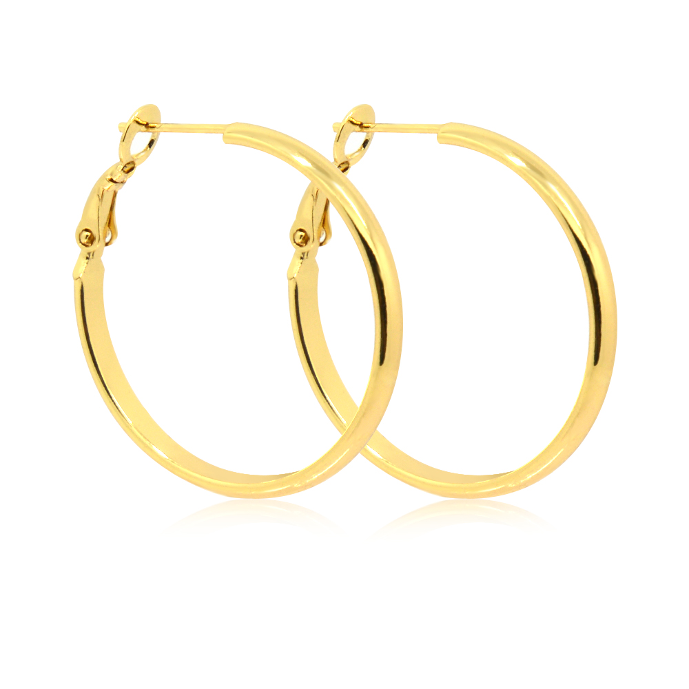 Side view of the lightweight rounded gold hoop earrings showing the lever back closure