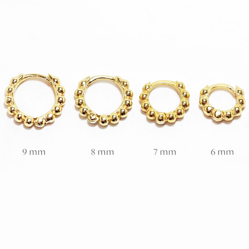 Size comparison of gold bead hoop earrings, showing 6mm, 7mm, 8mm, and 9mm options.