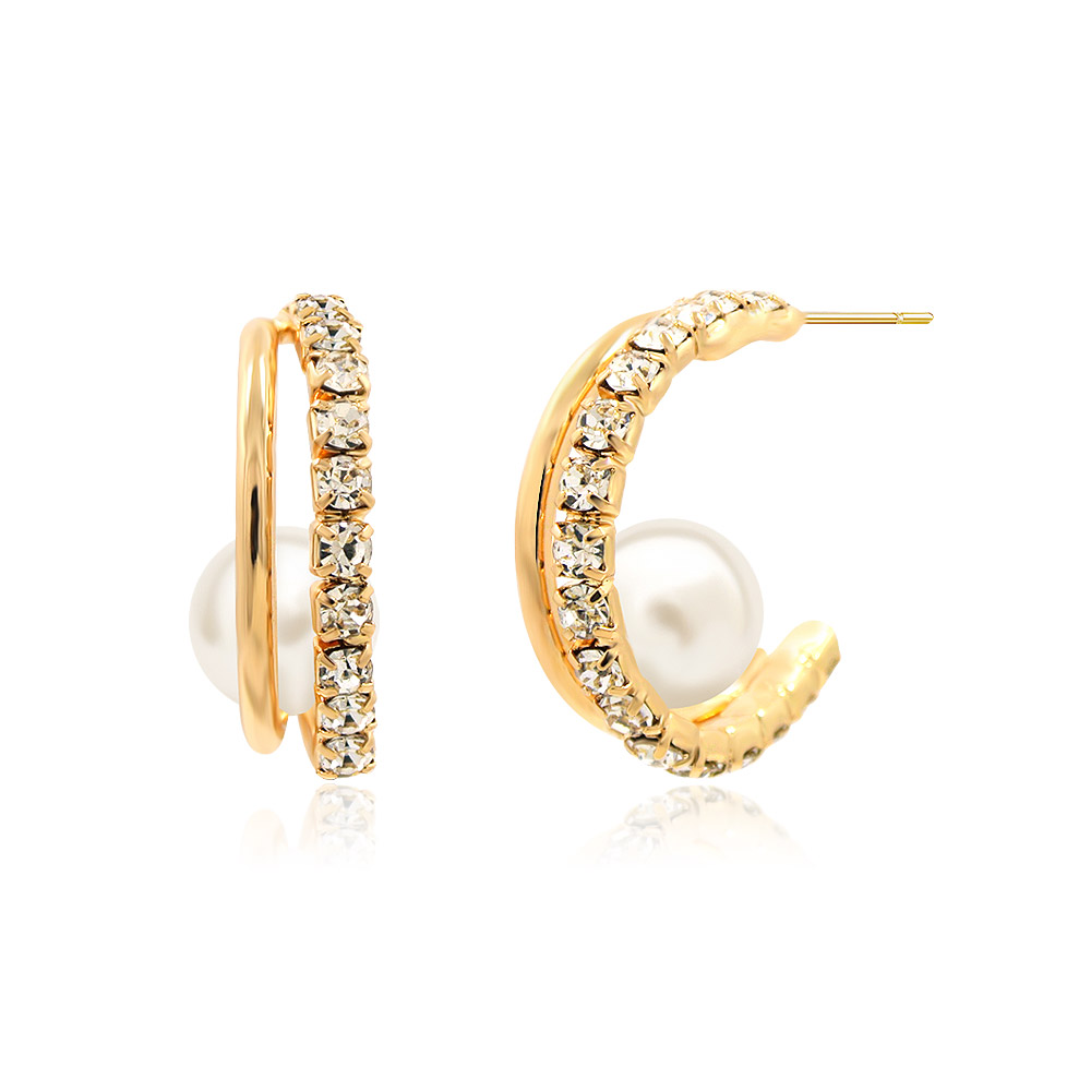 A detailed side view of the gold hoop earrings showing the sparkling Czech crystals.