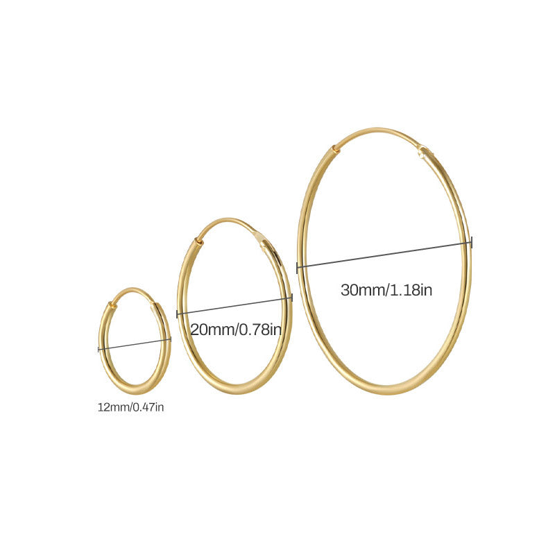 Diagram showing the precise measurements of the hoop earrings: 12mm, 20mm, and 30mm.