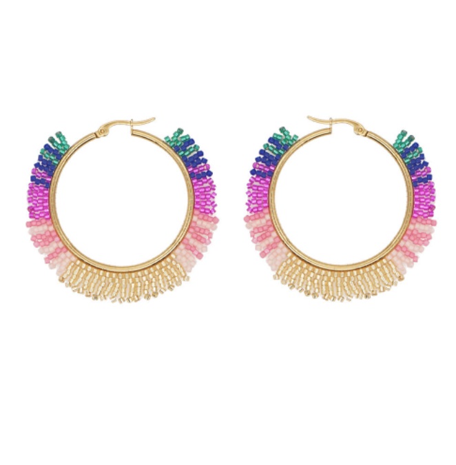 Close-up view of the gold hoop earrings showcasing the detailed multicolored beaded fringe