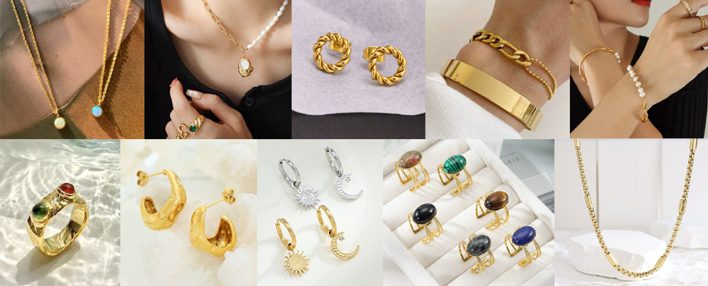 A collage showcasing a variety of gold jewelry pieces, including necklaces and earrings
