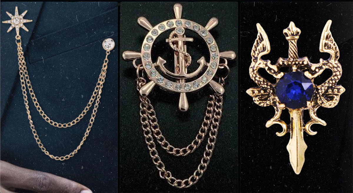 A collage of three unique gold jewelry pieces with distinct designs