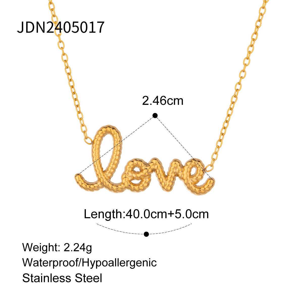 Detailed specifications of the gold love necklace, showing its dimensions and stainless steel material.