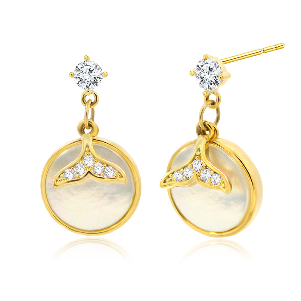 Side view of the gold-plated mermaid tail earrings showing the detailed cubic zirconia pave.