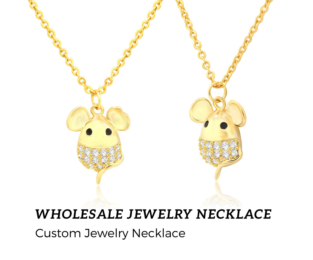 A collection of custom gold-plated mouse pendant necklaces for wholesale.