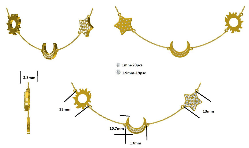 Custom gold necklace with charms and measurement details