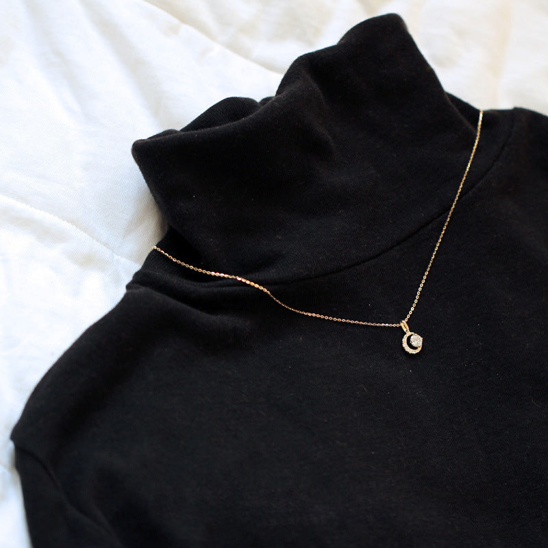 Model showcasing the elegant 925 Sterling Silver Half Moon CZ Pendant Necklace