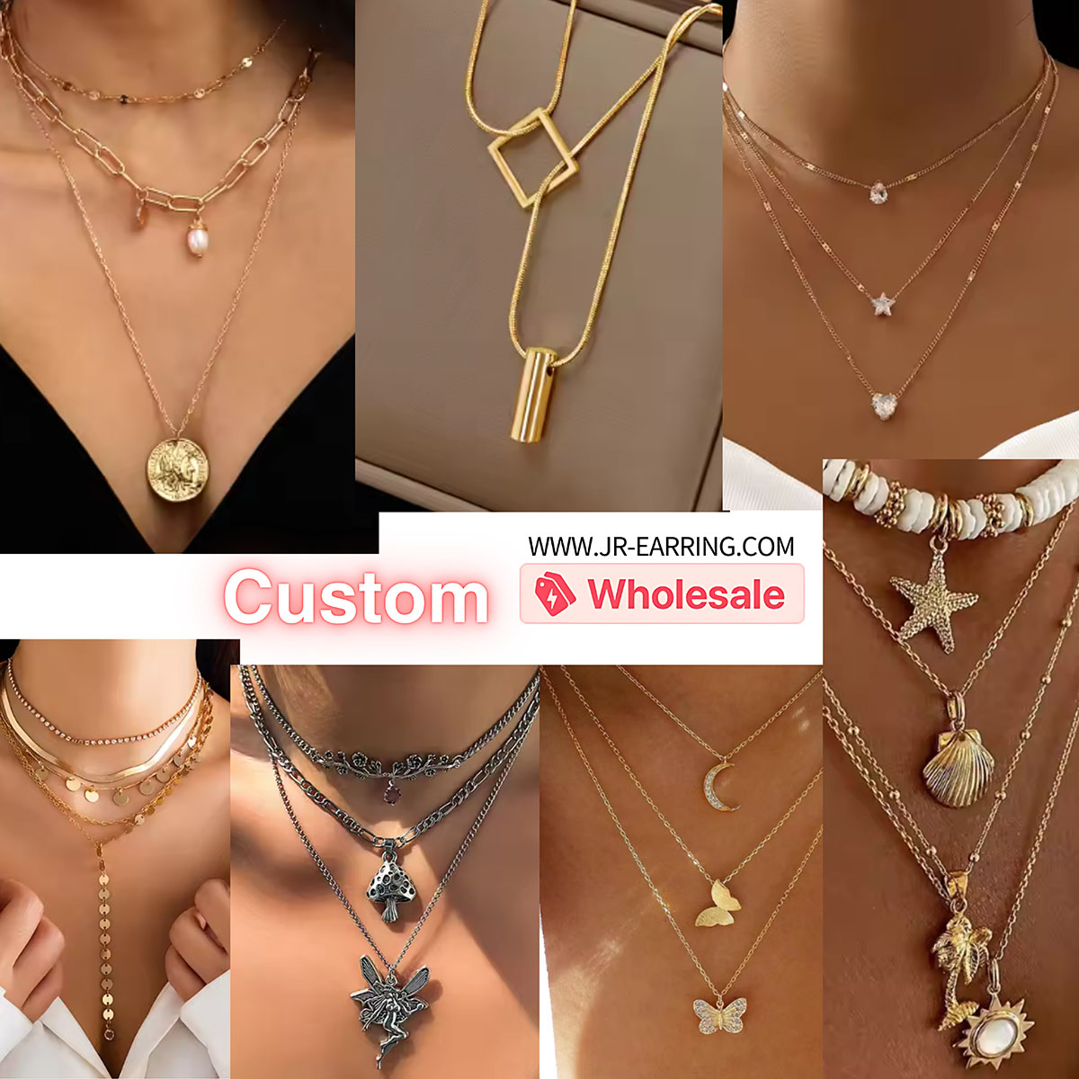 A collage showcasing various custom wholesale layered necklaces from JR Fashion Accessories.