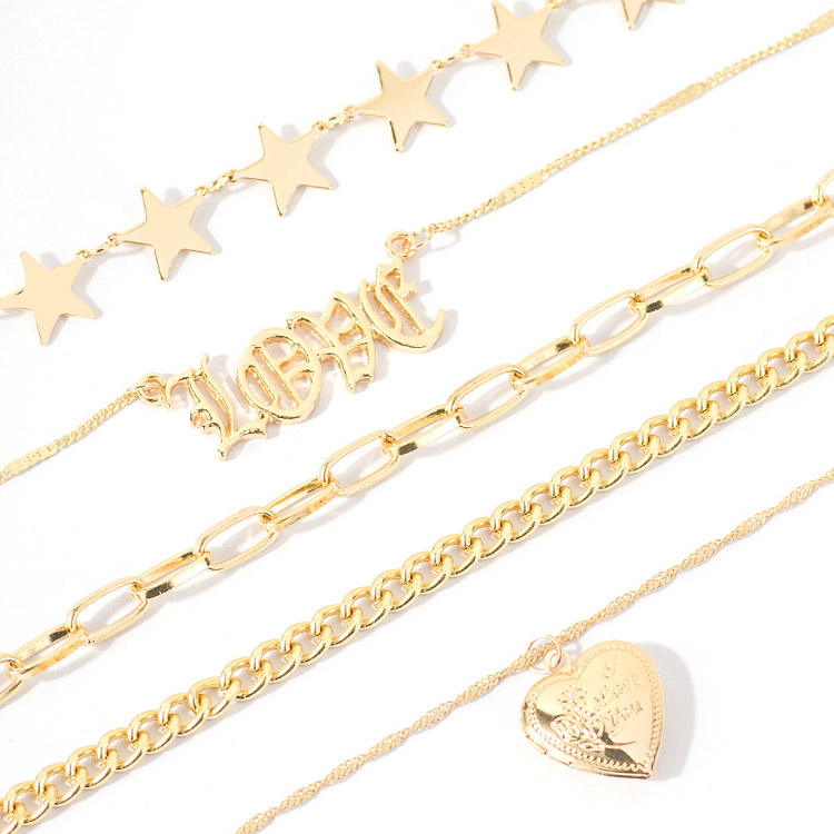 A collection of gold-plated fashion necklaces including the multi-layer heart locket style.
