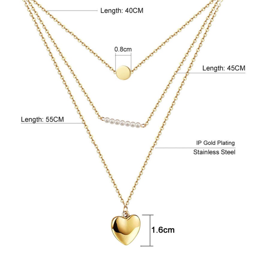 Full view of the stainless steel layered pearl chain necklace with gold plating.