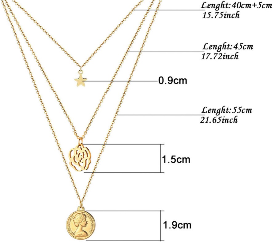 Detailed measurements of the gold layered necklaces