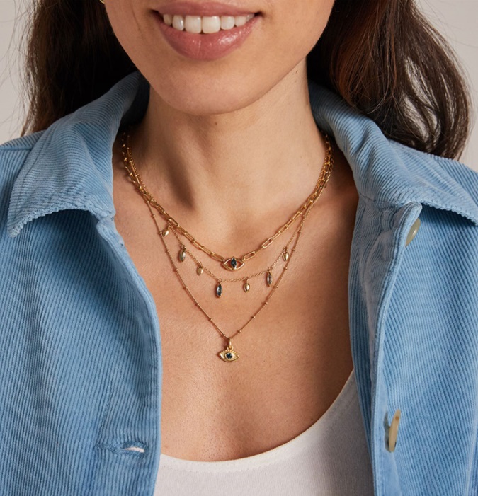 A woman wearing the Evil Eye Gold Plated Necklace, highlighting its elegant look.
