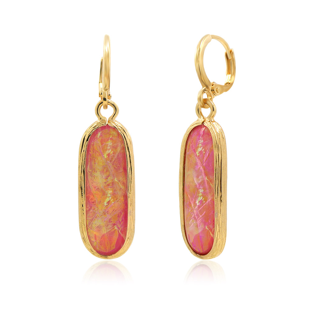 A pair of Rainbow Resin Earrings showcasing their vibrant pink and orange hues.