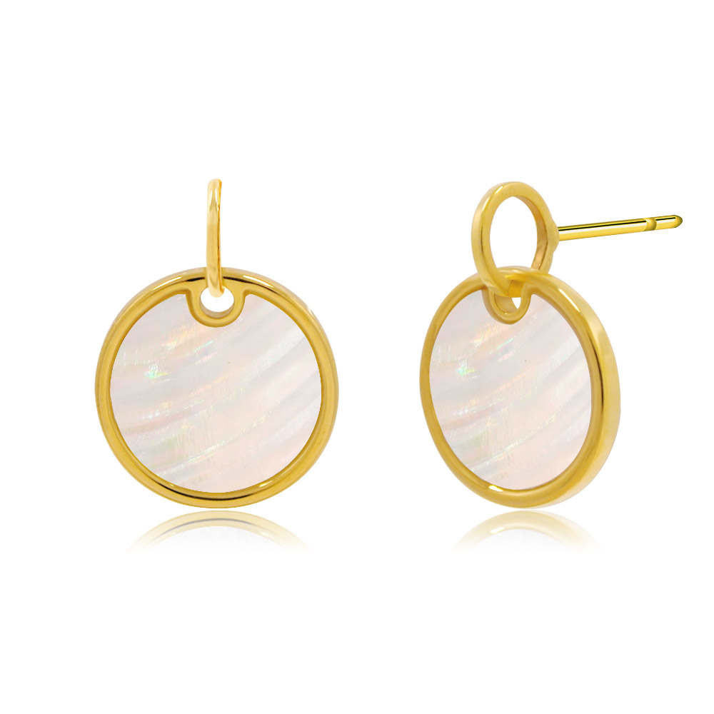 A detailed close-up of the Shell Round Earring showcasing the iridescent shell and polished gold plating.
