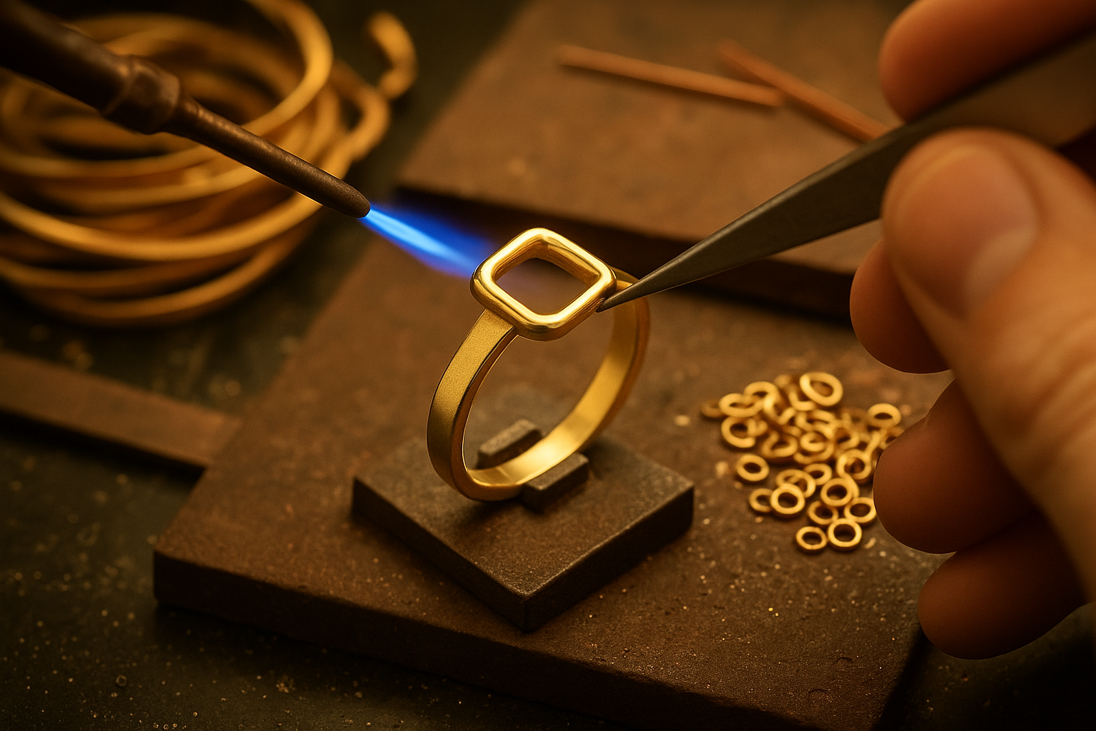 A jeweler using a blowtorch to craft a gold-plated brass ring, demonstrating the custom jewelry production process.