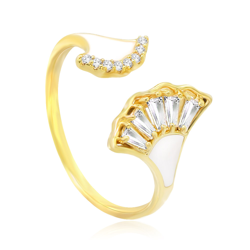 Side view of the gold-plated CZ Pave Enamel Fan Ring, highlighting the clear gemstones on the band.