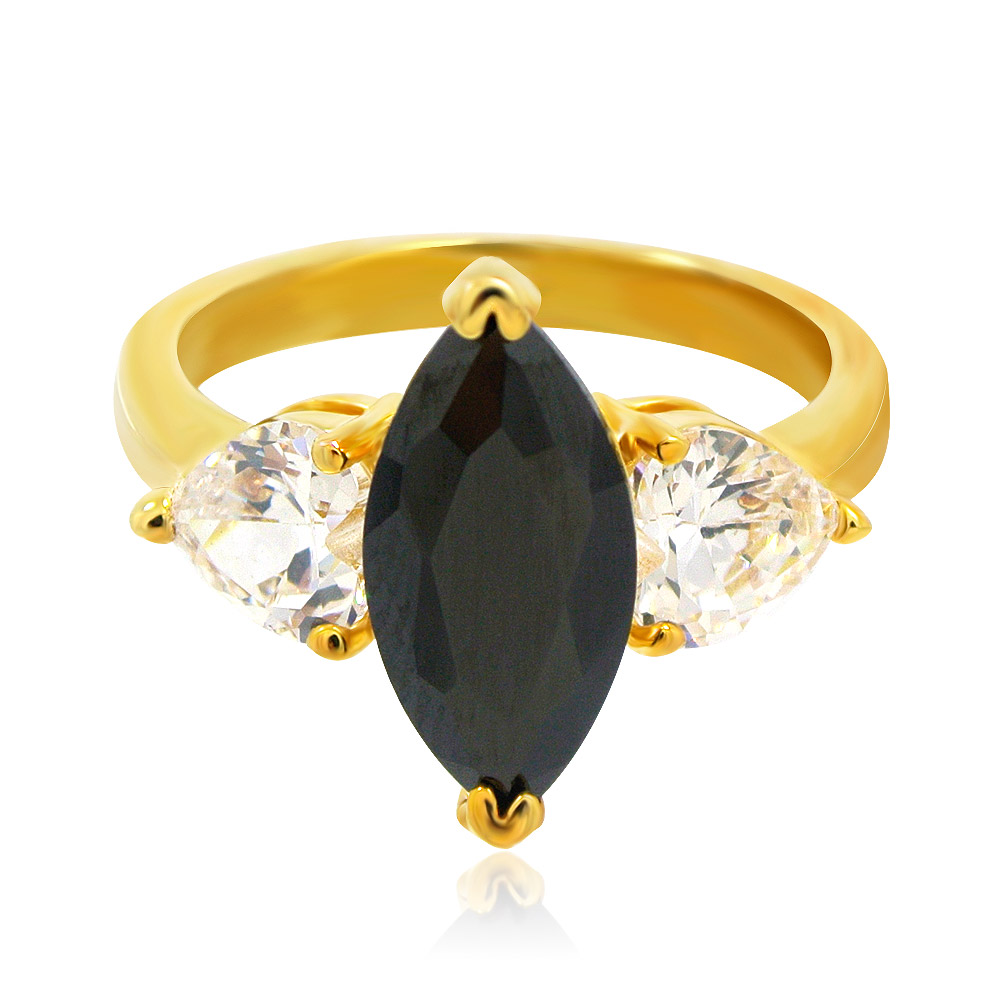 Front view of the Marquise Black White Heart Gold Ring