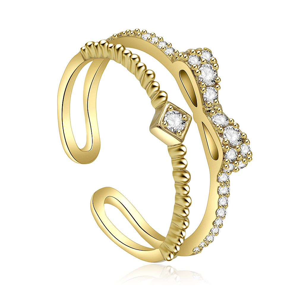 Detailed view of the gold-plated double wire bow ring with CZ stones