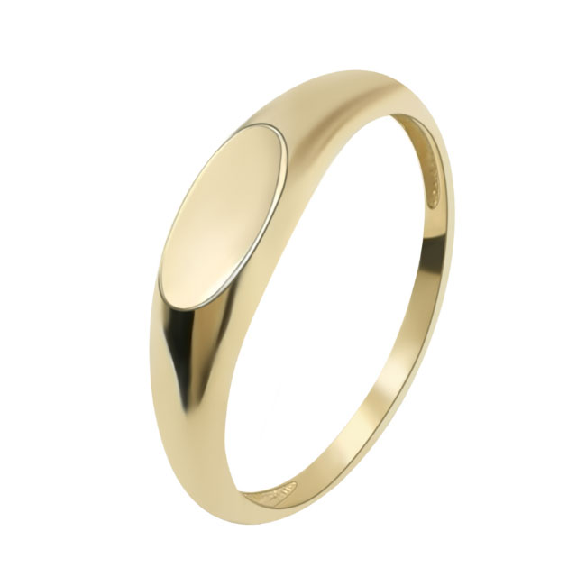 A gold ring with a smooth oval top, ideal for custom engraving.