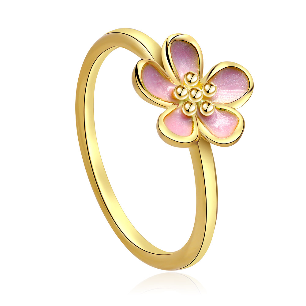 Detailed view of the Pinky Cherry Bloom Gold Plated Ring's enamel work