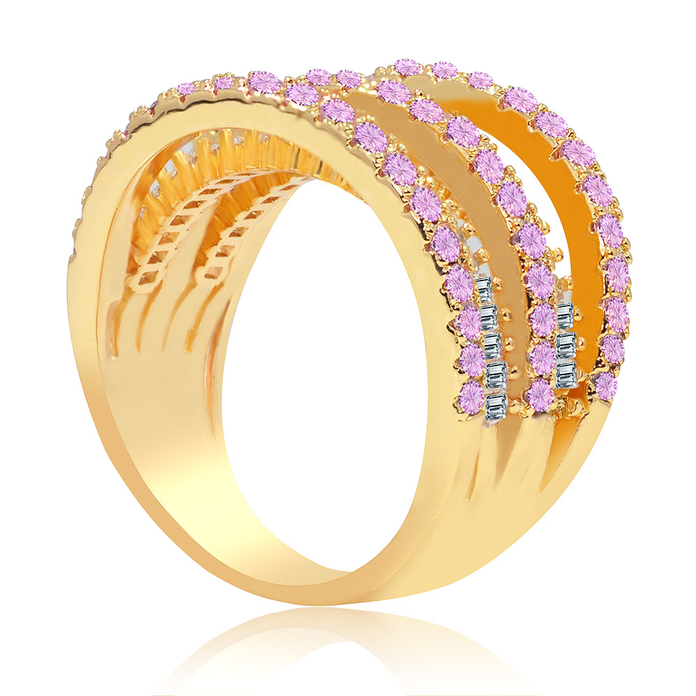 A detailed side view of the gold-plated Stun The Crowd Bling Ring, highlighting the intricate setting of its pink and clear cubic zirconia stones.