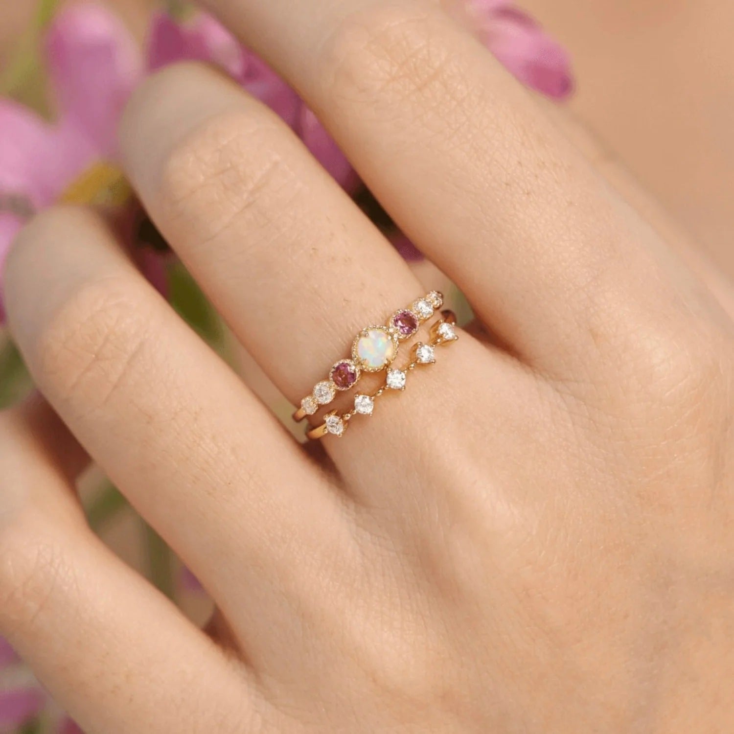 Model wearing the White Opal and Pink Zircon 925 Silver Gold-Plated Ring Set