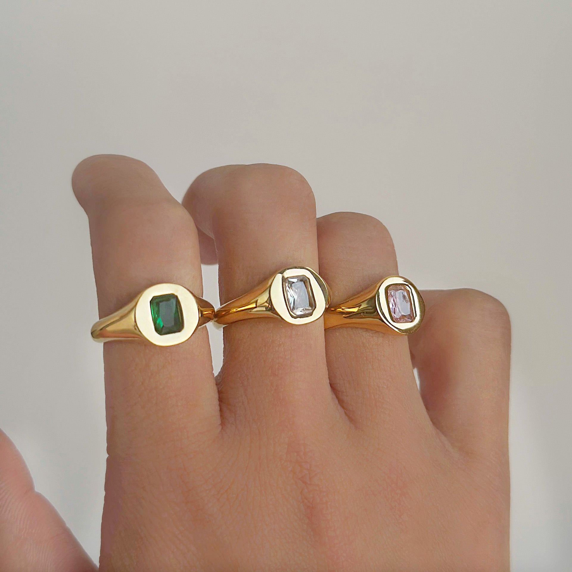 All three color variants of the square CZ stone signet rings