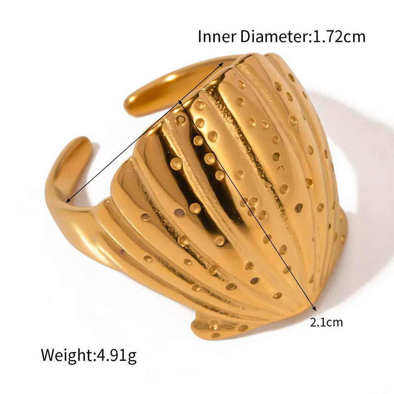 Detailed measurements of the gold shell ring, showing an inner diameter of 1.72cm, a width of 2.1cm, and a weight of 4.91g.