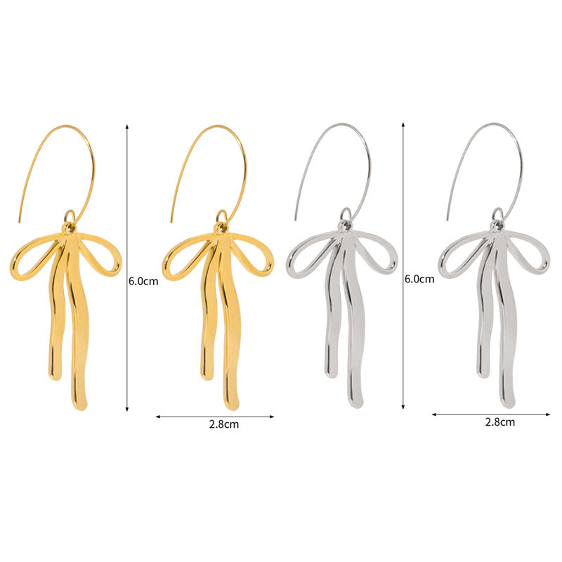 Detailed dimensions of the gold and silver stainless steel bow earrings, showing a height of 6.0cm and width of 2.8cm.