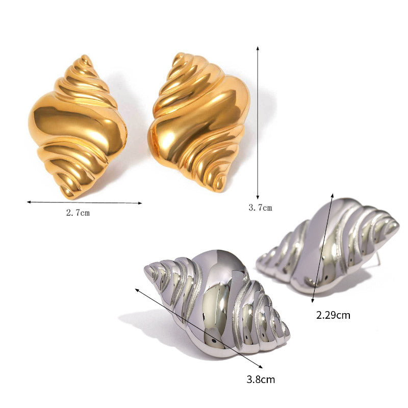 Size chart for the stainless steel beach-themed earrings, showing dimensions for both gold and silver designs.