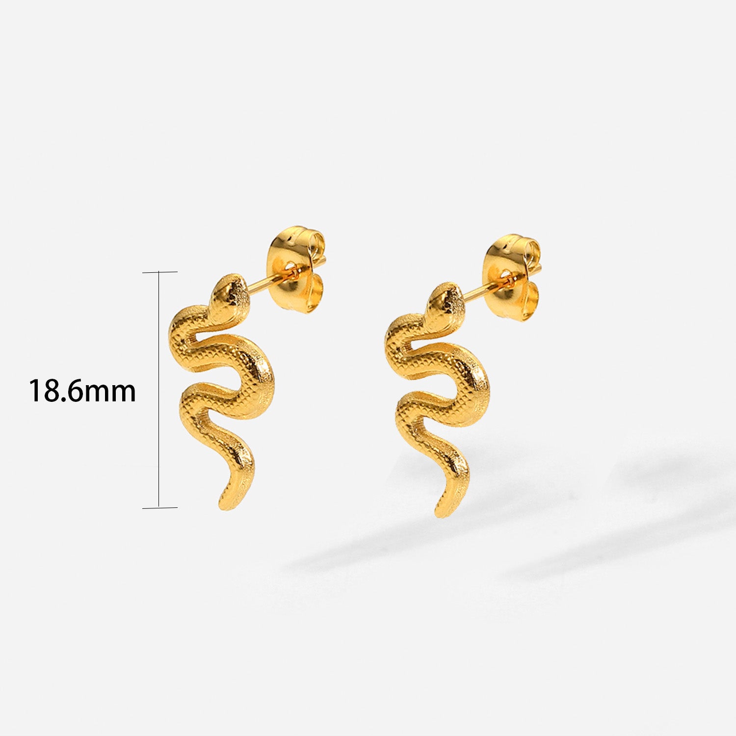 Gold snake earrings with dimension measurement of 18.6mm