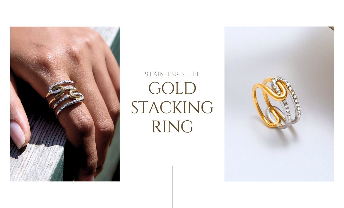 Close-up of a Korean style stainless steel gold and silver ring with rhinestone details for jewelry bulk buyers