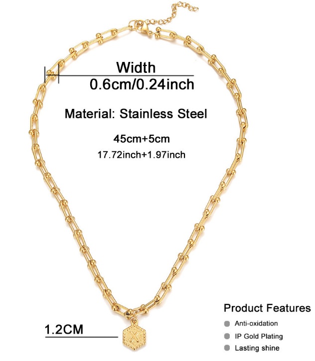 Detailed view of the gold stainless steel initial necklace with dimensions