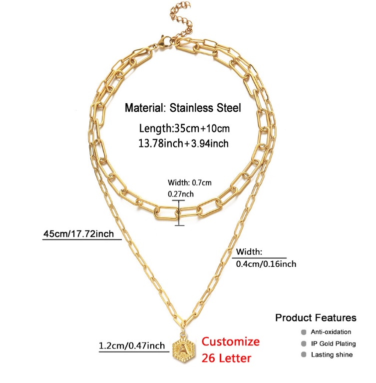 Detailed view of the customizable letter pendant on the gold stainless steel necklace