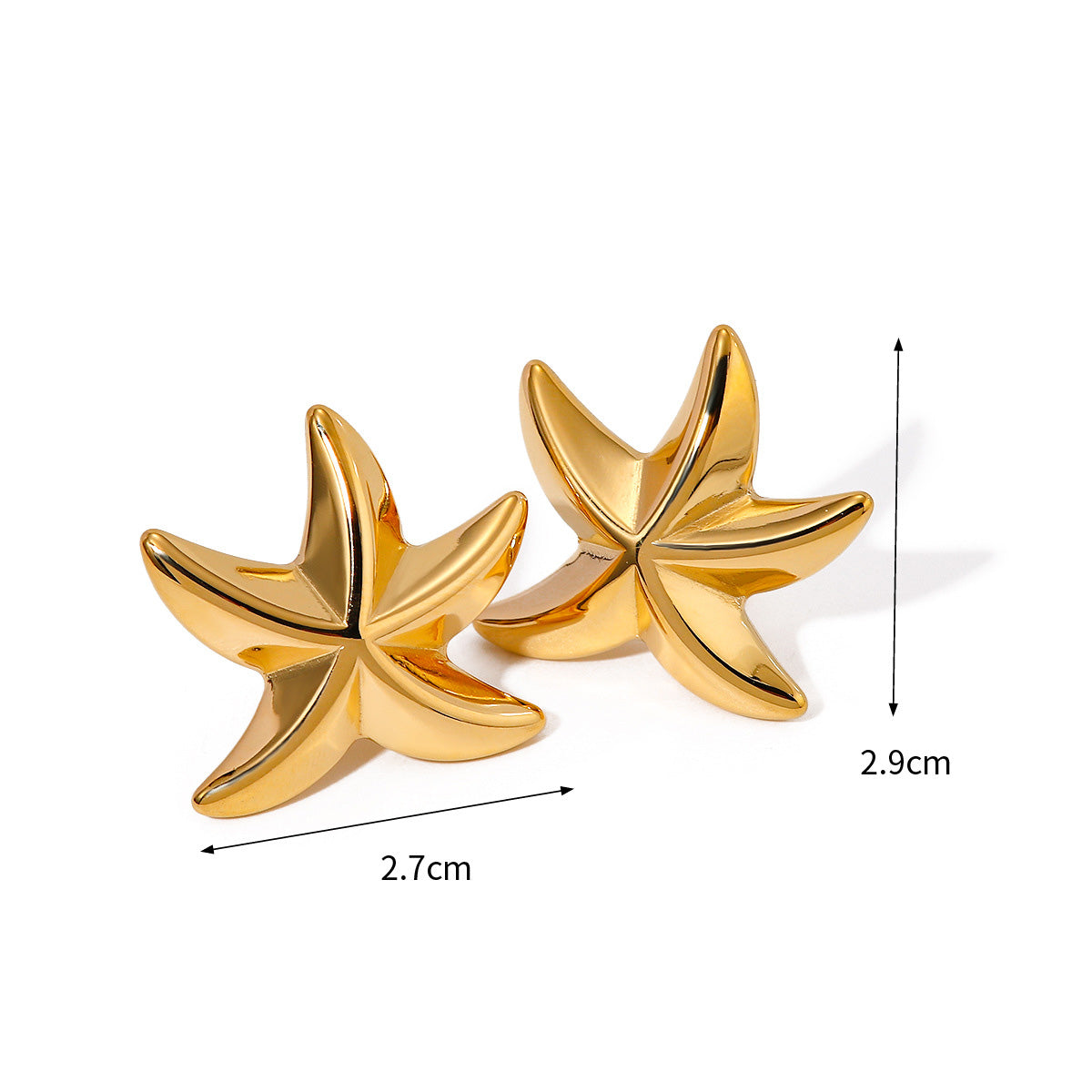 Diagram showing the dimensions of the gold starfish earrings, which are 2.7cm wide and 2.9cm high.