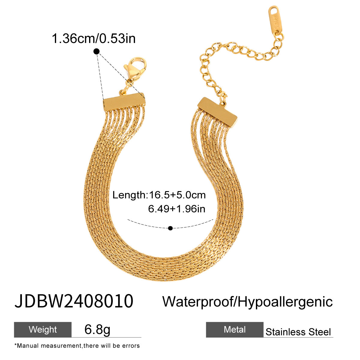 Detailed specifications of the gold layered stainless steel bracelet