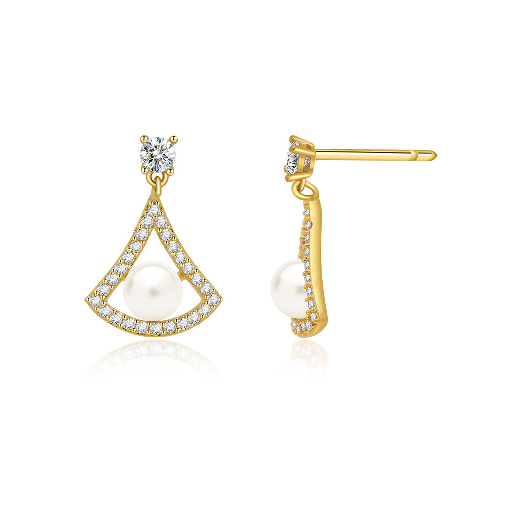 A detailed side view of the Halo Fan Pearl Drop Earrings