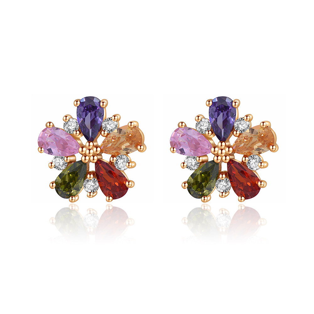 A detailed view of the multi-color gemstones on the flower stud earring