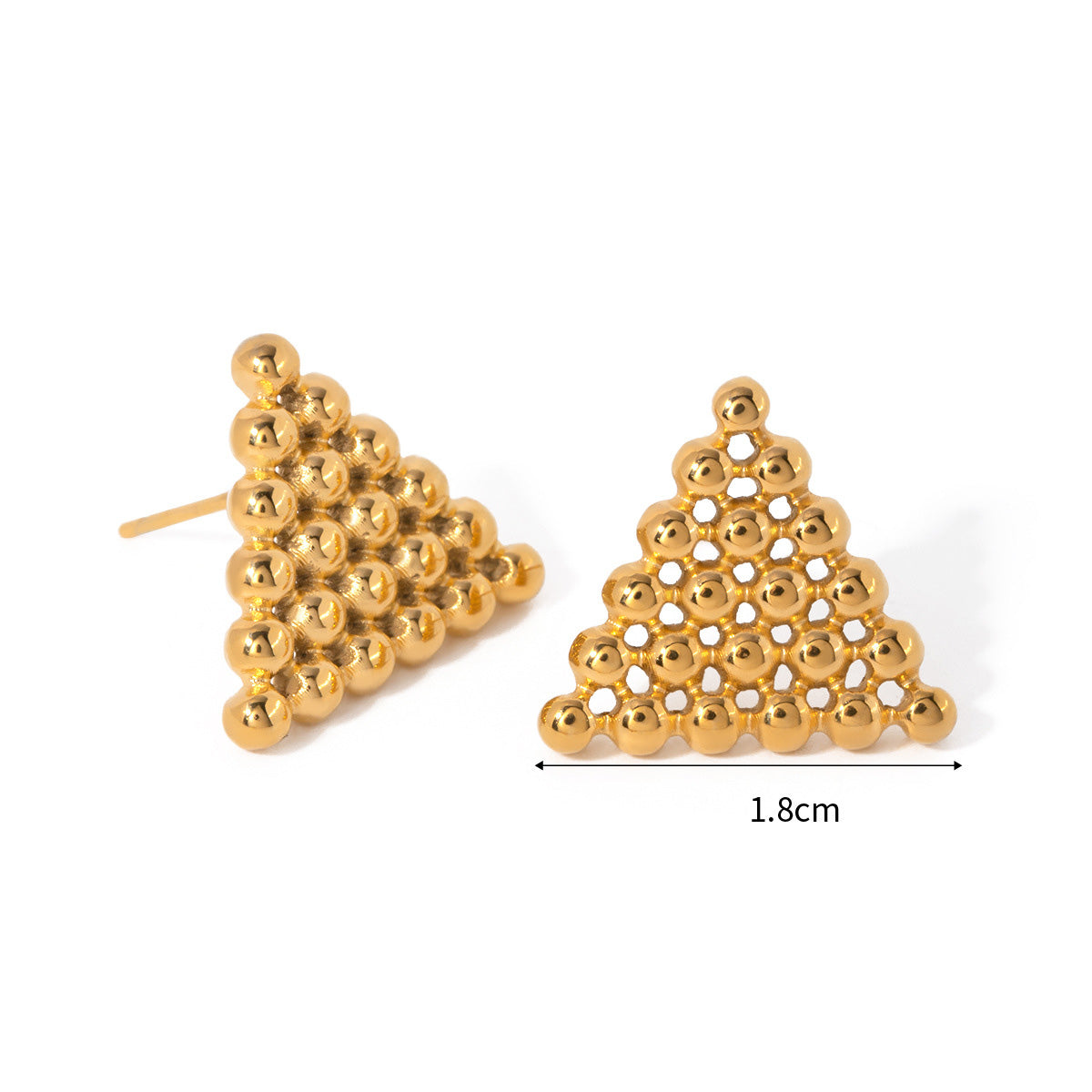 Detailed close-up of the gold beaded triangular earrings showing their texture and size.