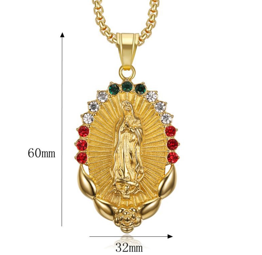 Detailed view of a custom Virgin Mary pendant with colorful gemstones