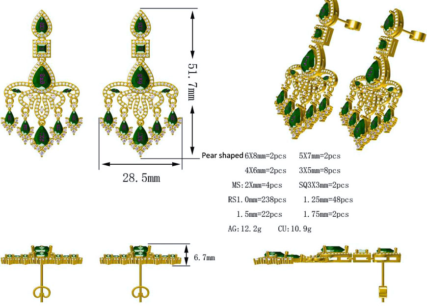 Design specifications for custom green emerald gold earrings