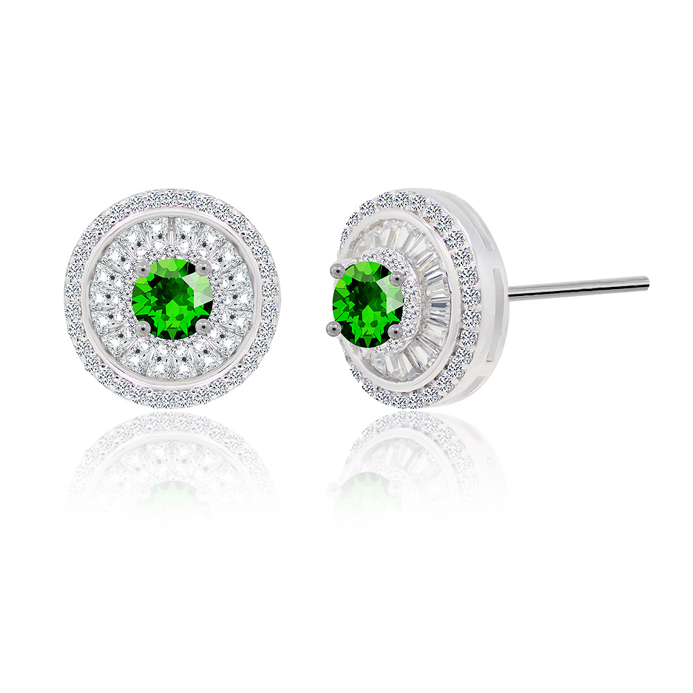 Detailed view of the double halo design on the emerald stud earrings