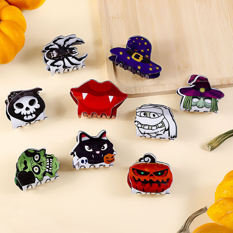 A full collection of nine different Halloween character hair clips displayed together.